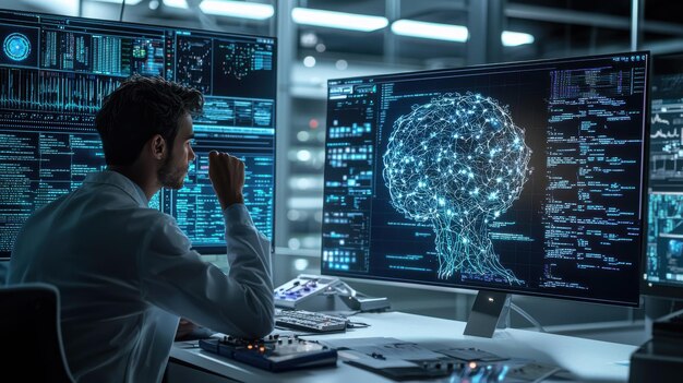 โปรแกรมเมอร์กำลังทำงานกับอัลกอริทึมปัญญาประดิษฐ์ในพื้นที่ทำงานที่ทันสมัย ห้องพักเพียบพร้อมด้วยอุปกรณ์และจอแสดงผลคอมพิวเตอร์ขั้นสูง เน้นความซับซ้อนและ
