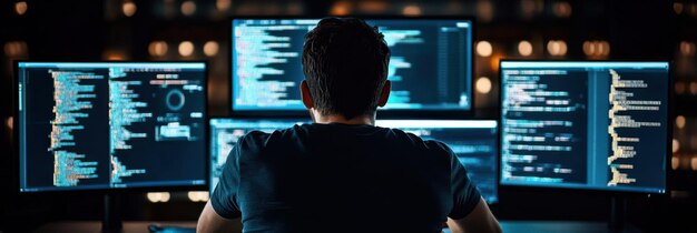 a programmer working on code in a dark room with multiple monitors showing complex algorithms and data visualizations