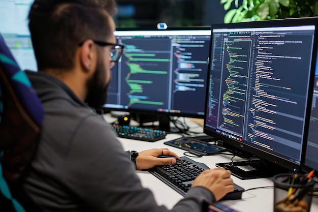 Premium Photo | Programmer working on code at dual monitor setup in a ...
