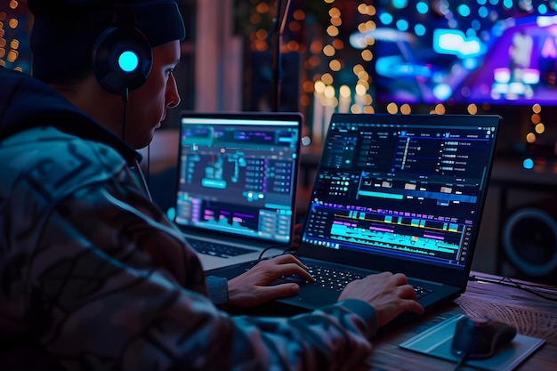 A programmer working on coding software on a laptop with multiple screens displaying user interfaces Concept Programming Coding Software Laptop User Interfaces Technology