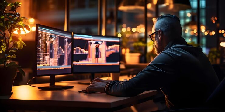 Photo programmer working on computer coding software at desk concept software development coding programmer at work computer programming technology