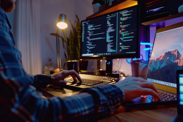Photo programmer working on computer in dark room programmer coding code on desktop computer