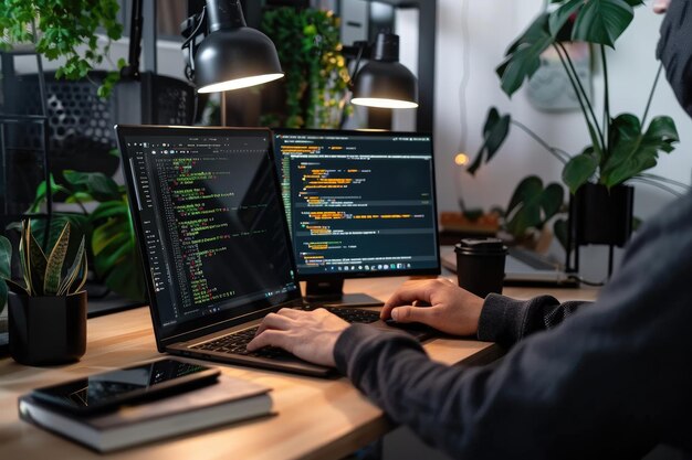 programmer working on computer in dark room programmer coding code on desktop computer