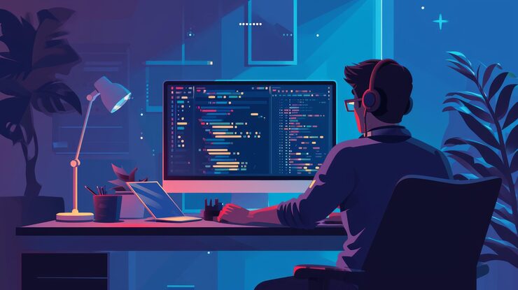 Photo programmer working on computer at night programmer in headphones working on computer software development programming coding concept illustration in flat style generative ai