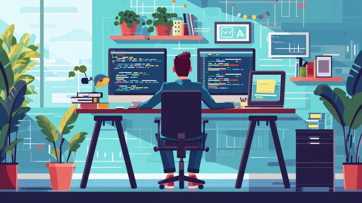 Photo programmer working on computer in office programmer coding code on desktop software development and programming concept flat illustration generative ai
