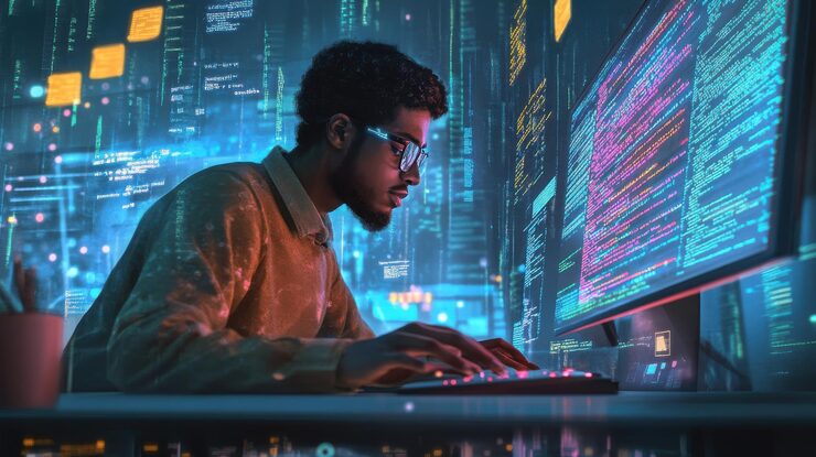 Photo a programmer working on a computer program in a techfocused classroom with lines of code on the screen and various programming resources around capturing the intensity and creativity of learning