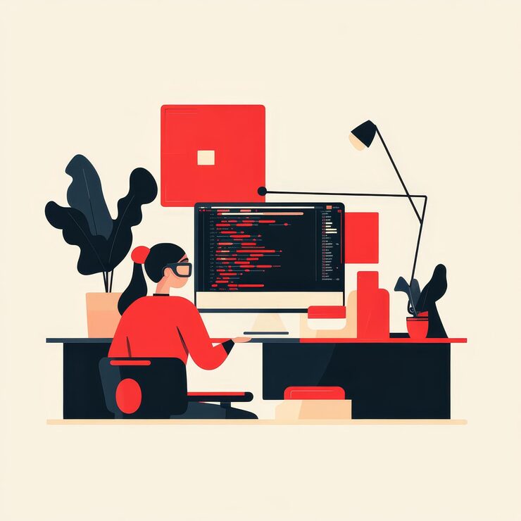 Photo programmer working on computer programmer coding and programming vector illustration