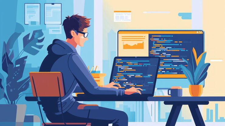 Photo programmer working on computer programmer in front of computer screen programmer working on program code programmer coding web development illustration in flat style generative ai