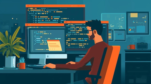 Программист, работающий на компьютере Программист на работе Программист кодирует код на экране компьютера Иллюстрация в плоском стиле Генеративный ИИ
