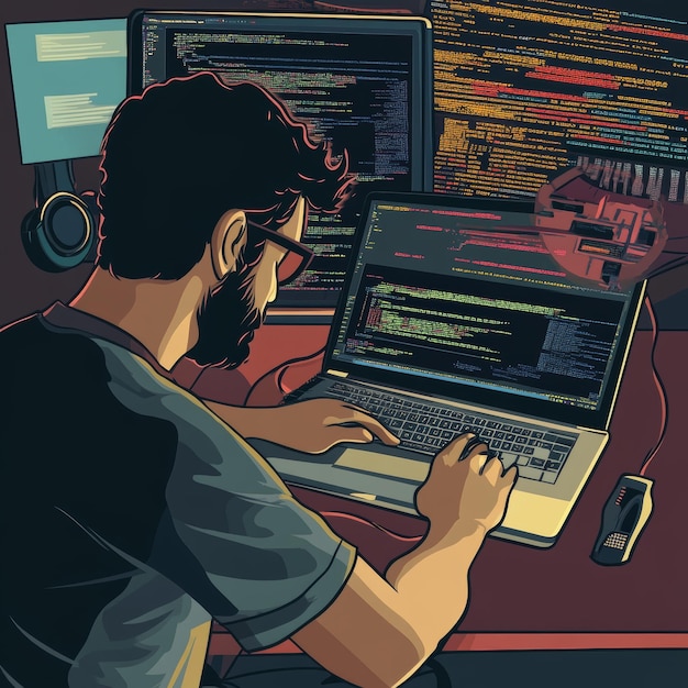 programmer working on a computer in a software develop company programmer working on a coding progr