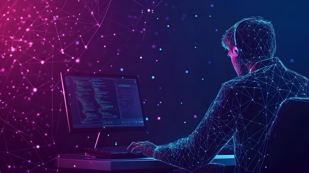 programmer working on computer with digital network and coding interface in futuristic setting