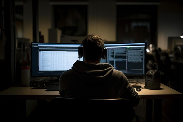 programmer working is on computers with multiple monitors back view generative ai