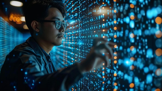 Programmer working on a laptop in a dark server room Toned image double exposure