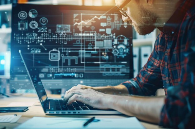 Programmer working on a laptop with diagrams on the screen | Premium AI ...