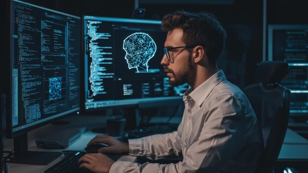 Программист, работающий над проектом машинного обучения, настраивает алгоритмы и анализирует данные для улучшения возможностей и точности ИИ в режиме реального времени