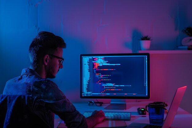 Premium Photo | Programmer working on multiple screens in a dimly lit room