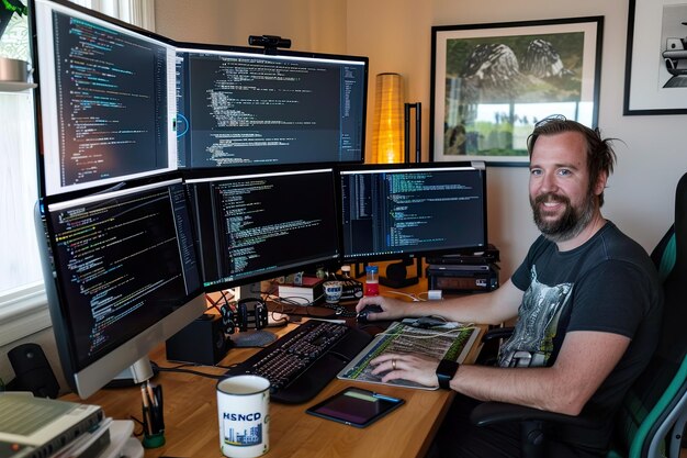 Programmer Working on Multiple Screens at Home | Premium AI-generated image