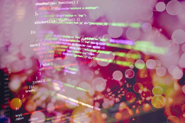 Photo programmer working in a software develop company office. digital binary data on computer screen. computer script typing work. programming code abstract screen of software developer.