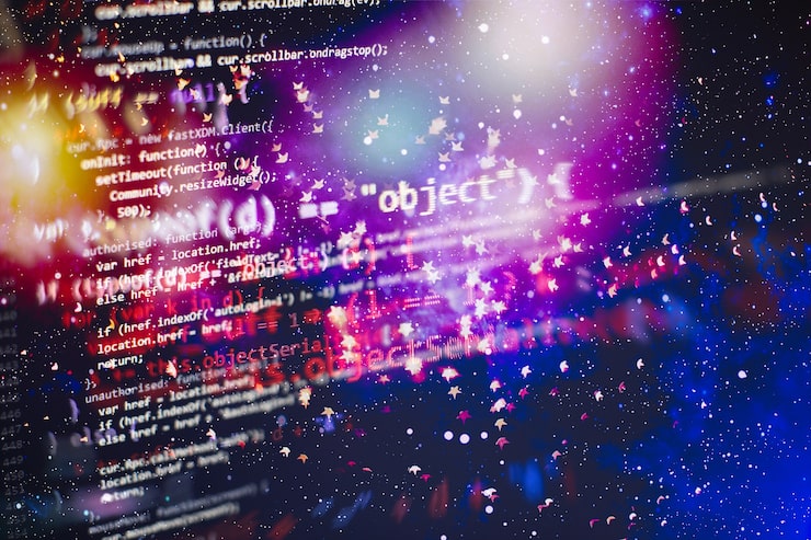 Photo programmer working in a software develop company office. digital binary data on computer screen. computer script typing work. programming code abstract screen of software developer.