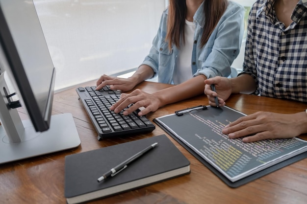Programmer working in a software development and coding technologies website designtechnology concept