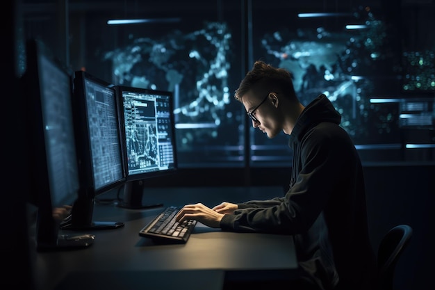 Programmer working at their computer surrounded by monitors displaying code Generative AI