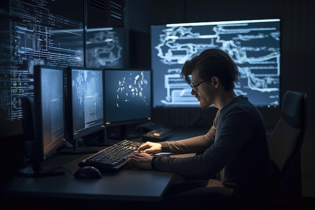 Programmer working at their computer surrounded by monitors displaying code generative ai