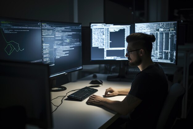 Programmer working at their computer surrounded by monitors displaying code Generative AI