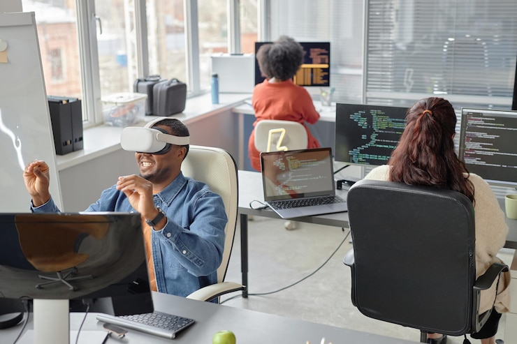 Photo programmer at workplace in virtual reality company