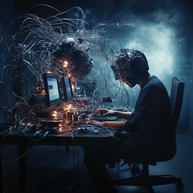 A programmer works at a computer through a neural interface