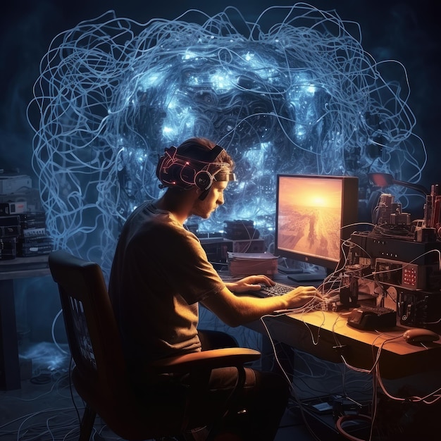 A programmer works at a computer through a neural interface