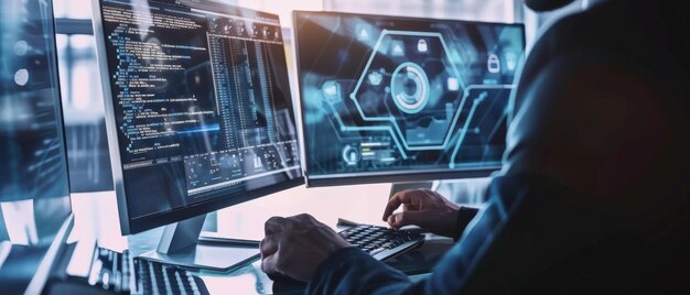 Premium Photo | A programmer works intently on multiple computer ...