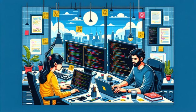 programmers working on computers in modern software development center team of software developers developing programming code colorful vector illustration in cartoon style generative ai