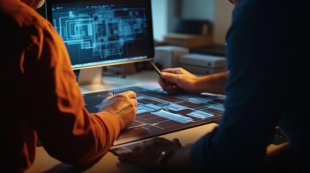 Programmers working on a project at night in a software developing companygenerative ai