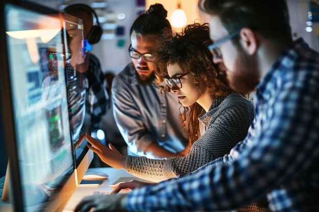 programmers working with servers in an office setting analyzing data with software interfaces generative ai