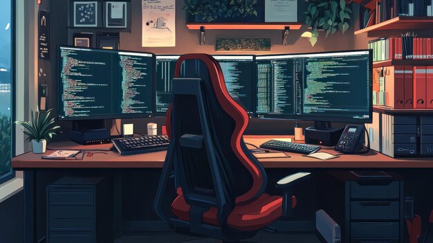 programmers workspace a digital illustration of a programmers workspace with multiple monitors showing code
