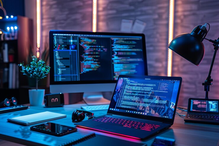Programmers Workspace with Multiple Screens and Neon Lights