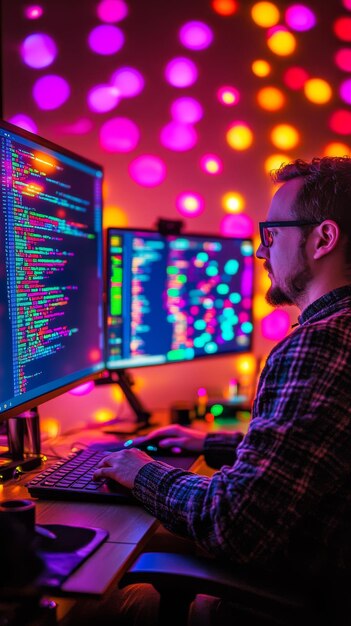 Programmeur bezig met programmeren met een kleurrijke achtergrond