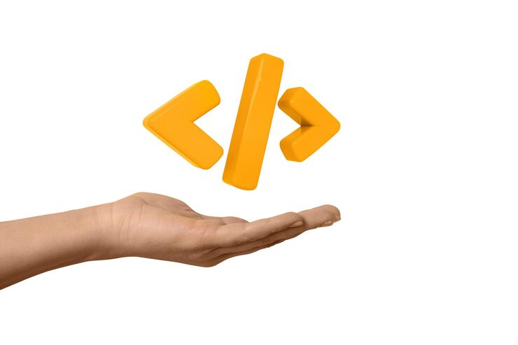 Photo programming 3d render code icon programming code symbol in hand isolated on white background coding or hacker background development and software concept