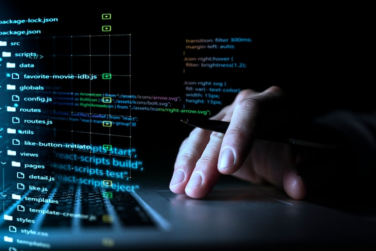 Photo programming background with person working with codes on computer