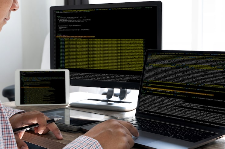 Photo programming code abstract technology background developer programming and coding technology  software developer and computer script