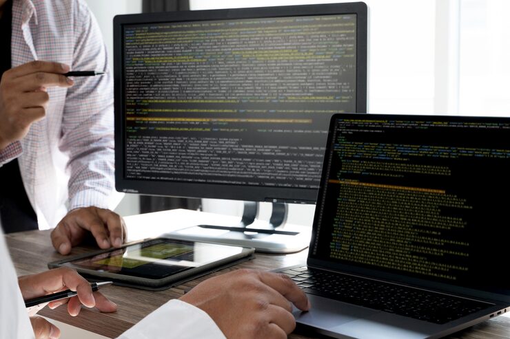 Photo programming code abstract technology. developer programming and coding technology software developer and computer script