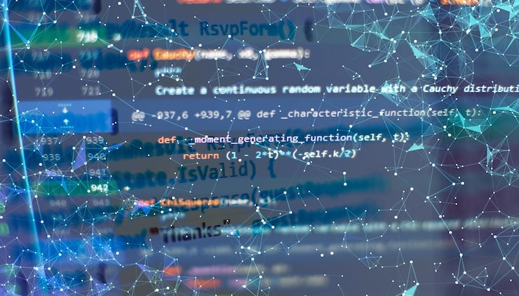 Photo programming code on computer screen software development writing program code on computer