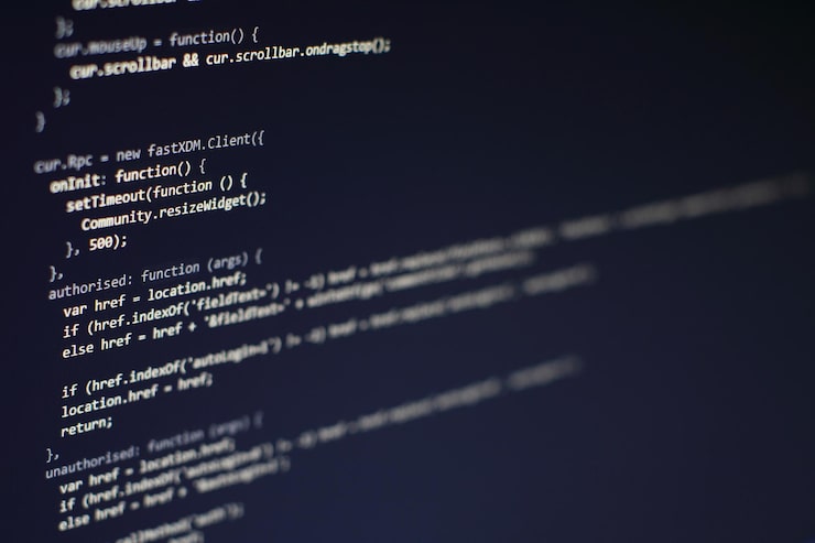 Photo 컴퓨터 화면에 프로그래밍 코드입니다. 소프트웨어 개발. 컴퓨터에 프로그램 코드를 작성합니다.