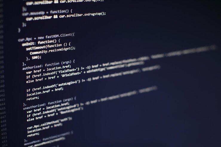 Photo programming code on computer screen. software development. writing program code on computer.