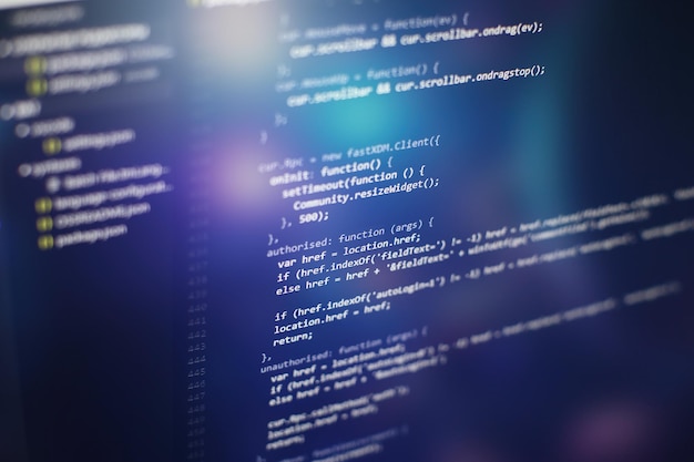 Photo programming code on computer screen. software development. writing program code on computer.