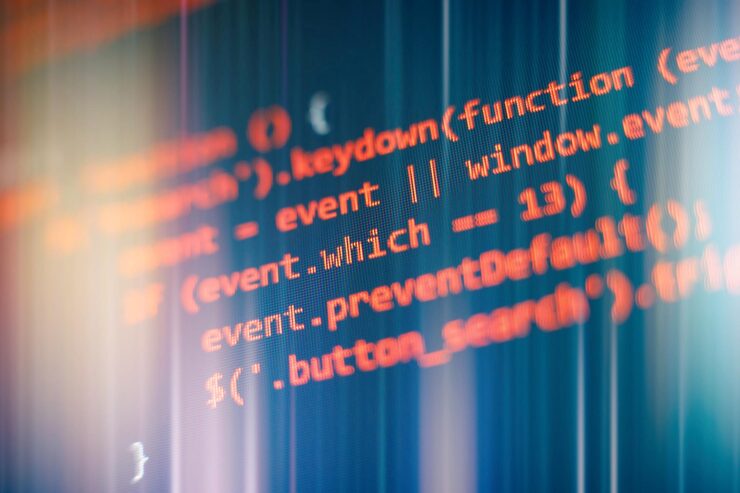 Photo programming code screen of software developer software programming work time code text written and created