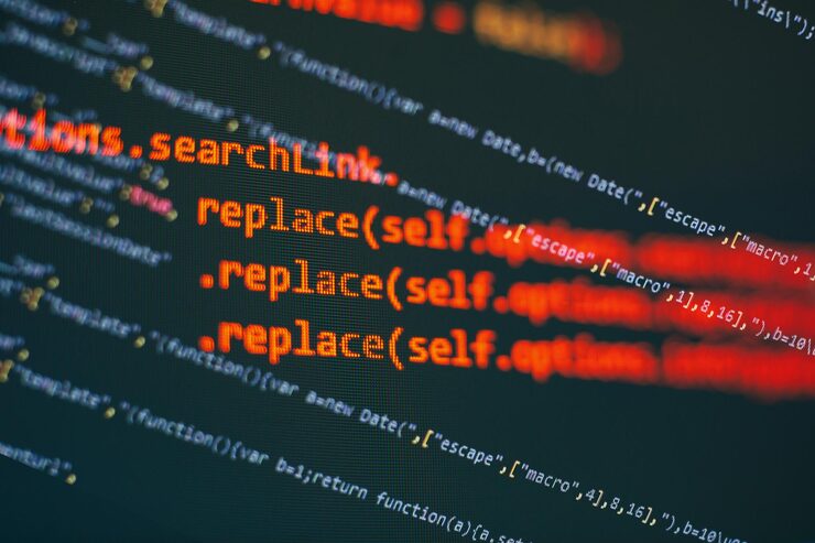 Photo programming code screen of software developer software programming work time code text written and created