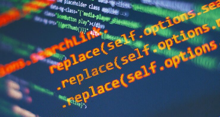 Photo programming code screen of software developer software programming work time code text written and created