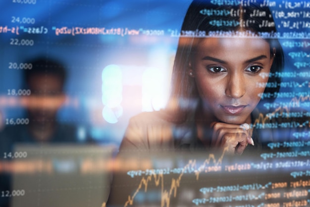 Programming code and woman with focus hologram and digital software with cyber security futuristic and website development Female person coder or trader with data analysis research or analytics