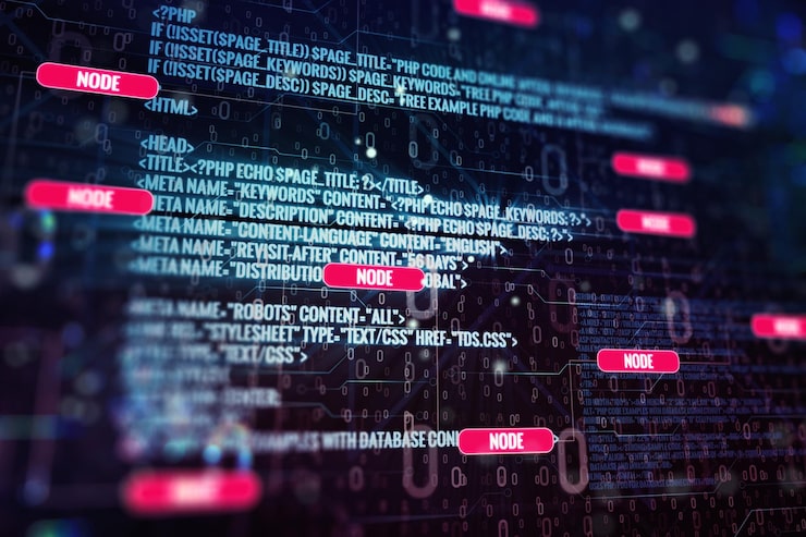 Photo programming and coding concept with binary code and nodes 3d rendering